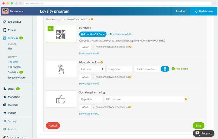 Settings of the three validation processes: purchase by QR code, manual check-in with latitude, longitude and radius, sharing on social networks.