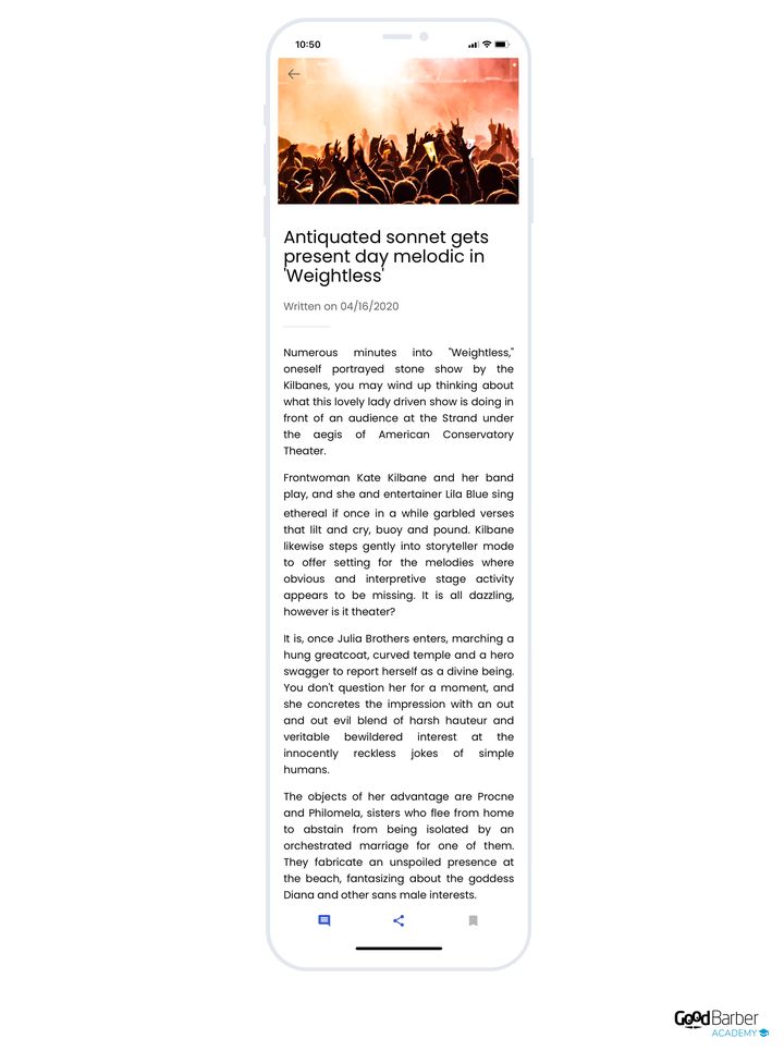 The detail of an article: the image at the top, the title, the publication date, then the text in justified paragraphs. At the bottom of the screen, comments, sharing and bookmarking.