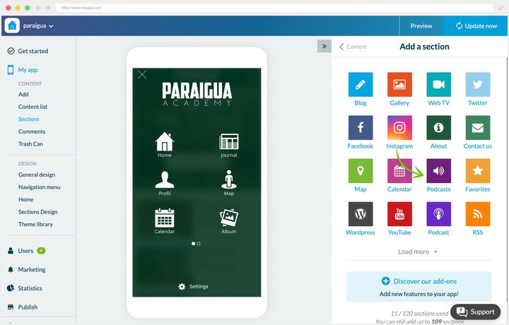 The panel for adding a section, the arrow pointing at the podcast tile. On the left, the preview of the school app, whose menu shows as a grid of icons.