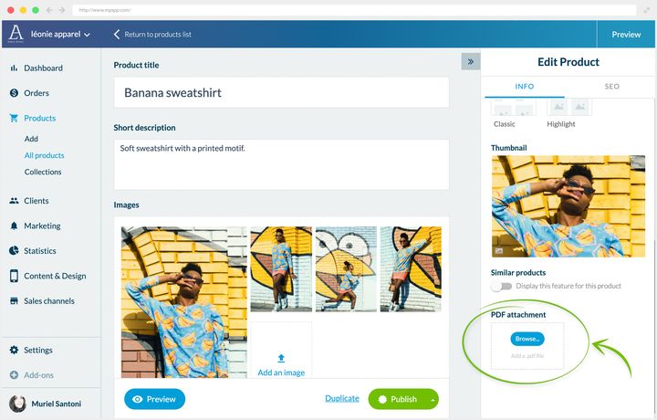 A product page in the back office. On the left, its title, its short description and its images. On the right, the edit panel open on its first tab: the list layout, the thumbnail, a similar-products switch, and, circled, the block that attaches a PDF to the product through a file picker.