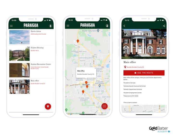Three screens of a school app: the list of locations, each with its photo, its name and its address; the map, where the markers spread out and one of them opens its label; the detail of a location, with its photo, its address, a directions button, the list of its services and a map at the foot.