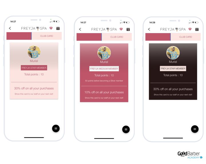 Freyja Spa's member cards in the app, with the three in-house statuses.
