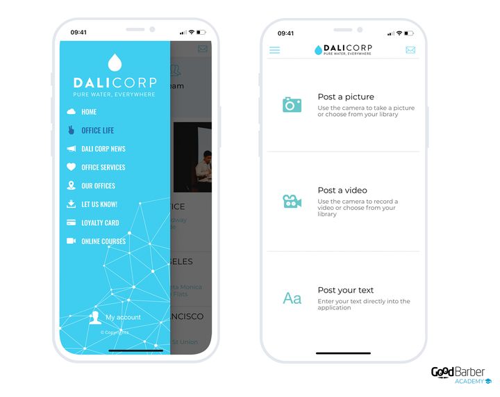 Two screens of a company app: on the left the menu, where an entry invites employees to contribute; on the right the posting screen, which offers three moves, a picture, a video or a text, each with its instruction.