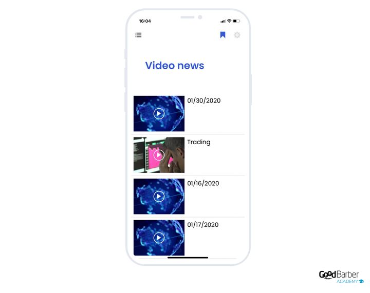 A video list in a news app: each row carries its thumbnail, marked with a play button, and next to it its title or its date.
