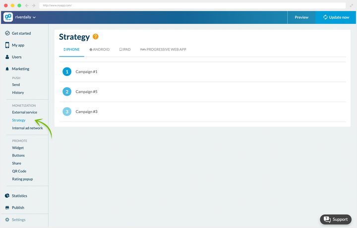 The strategy screen, open on the iPhone tab. Three campaigns follow one another, numbered one to three: this order is what decides which one is served first.