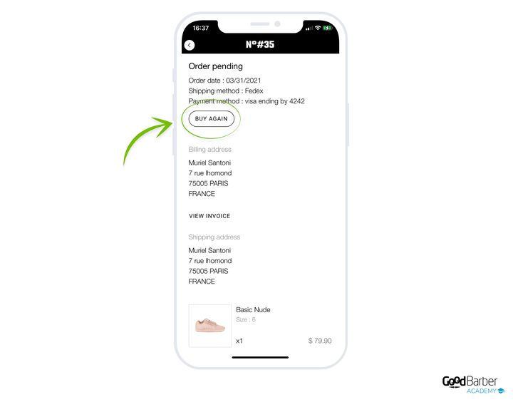 The detail of an order placed in the app. Under its number come its status, its date, the shipping method and the payment method, then the circled button that places it again as it stands. Further down, the billing address, the link to the invoice, the shipping address and the product ordered.