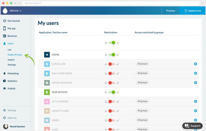 The screen that opens or closes each section of the app. Every row carries the section icon, its name, a switch between open padlock and closed padlock, and, when the section is closed, the groups allowed in with a button to add more. The first row commands the whole app.