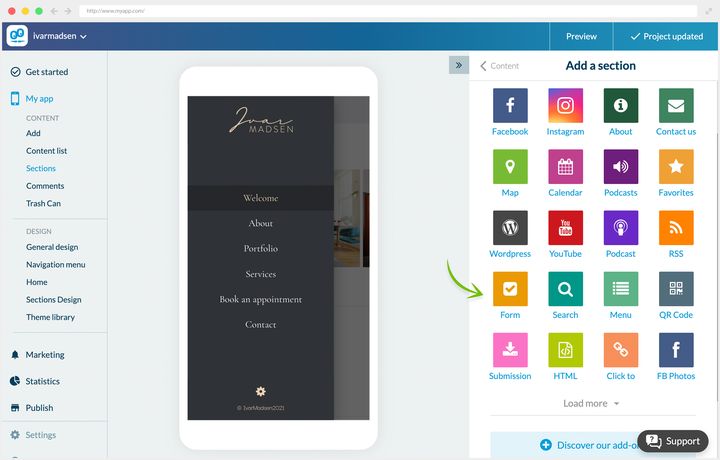 The panel for adding a section, the arrow pointing at the content submission tile. On the left, the preview of the decorator's app, menu open.