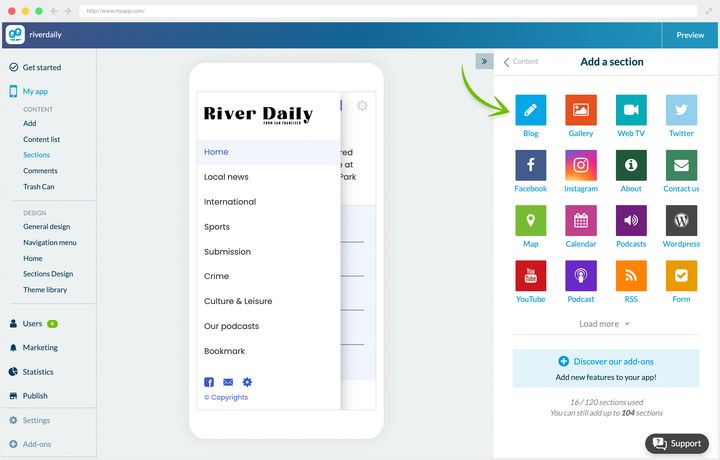 The panel for adding a section, open on the catalogue of available types: blog, gallery, video, social networks, information page, contact, map, calendar, podcasts, feed and form, with a link to show more. At the bottom, the counter of sections already used. On the left, the app preview shows the menu growing.