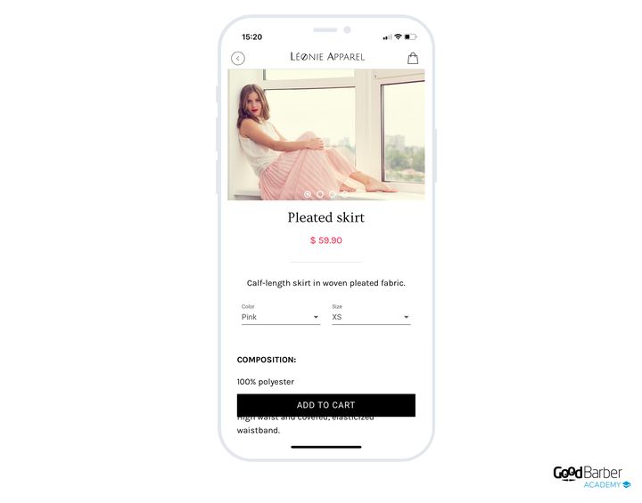 A skirt's product page in the app: under the price and the description, two dropdowns, colour and size, then the composition and the add-to-cart button.