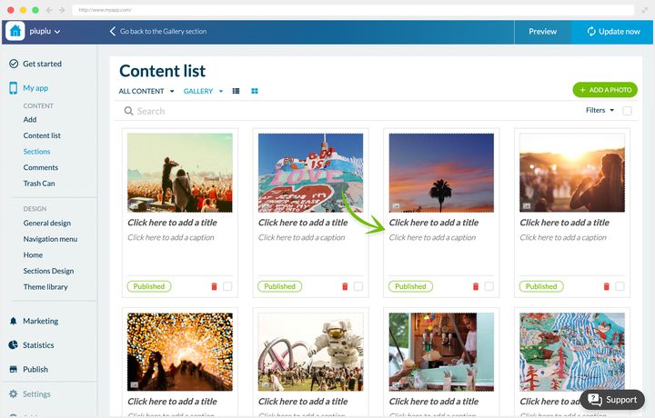 The content list filtered on a gallery, in grid view. Each photo forms a card where two prompts wait for a title and a caption, an arrow pointing at where they go. Under each card, the publication status, a bin and a checkbox; at the top, the search, the filters and the add button.