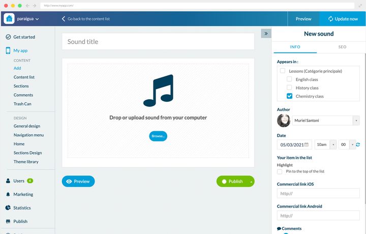 Creating an episode in the back office: in the middle, a title field and a drop area for the audio file. On the right, the category picked from the tree of courses, the author, the date, the pin, two store link fields, and the comments switch.