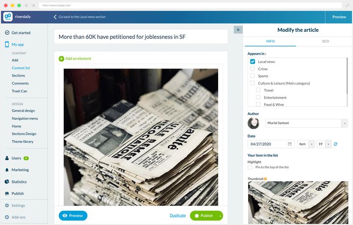 Editing an article in the back office. On the left, its title and its image. On the right, the edit panel open on its first tab: the list of categories the article appears in, with their sub-categories, each tickable; the author; the publication date and time; a box to pin it to the top of the list; and the thumbnail used in lists.