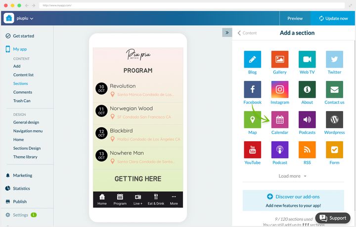 The panel for adding a section, the arrow pointing at the calendar tile. On the left, the preview of the festival app, with the programme and its tab bar.