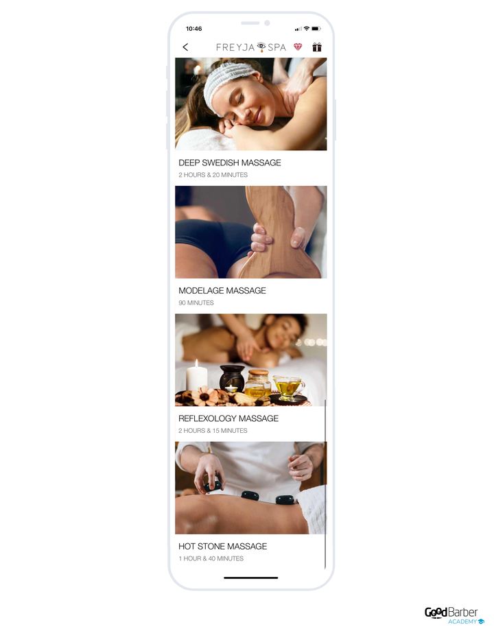 The list of massages: each treatment takes a row with its photo, its name and its duration.
