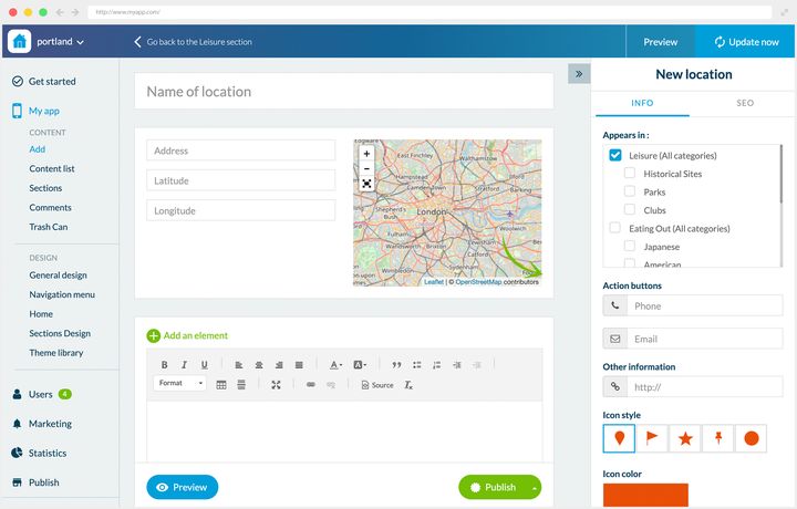 Creating a location in the back office: its name, its address, its coordinates, and on the right the map that places them. Below, a text editor to describe it. In the right-hand panel, the categories it appears in, a phone number and an email that become action buttons, a web address, then the choice of the shape and the colour of its marker.