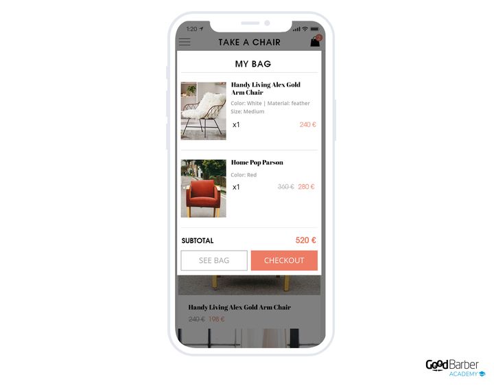 The cart reminder in the app, laid over the page in progress. Two items appear with their thumbnail, the options chosen and their price, the second one with its old price struck through, then the subtotal, then two buttons: see the bag, or go to checkout.
