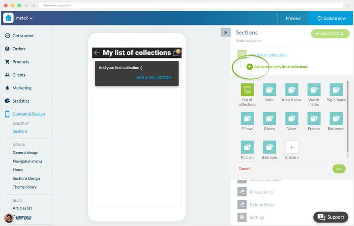 The section just created, still empty. In the right-hand panel, the circled link adds a collection to the list, and the picker it opens shows every collection available. On the left, the preview invites you to add the first one.