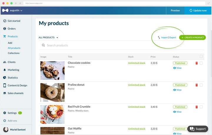 At the top of the product list, circled, the two import and export links, placed just before the button that creates a product. Under them, the list gives for each product its thumbnail, its stock, its price and its publishing state.