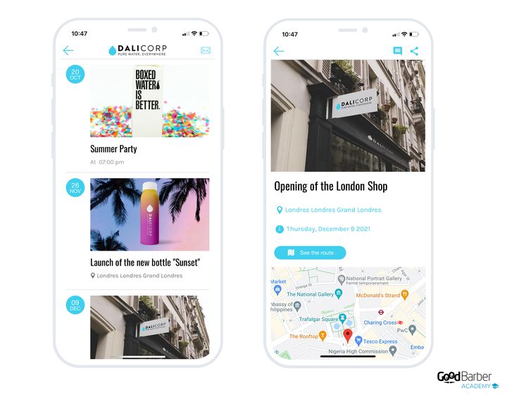 Two screens of a company app: on the left the list of events, each with its date chip, its image and its time or place; on the right the detail of an event, with its photo, its place, its date, a directions button and the map.