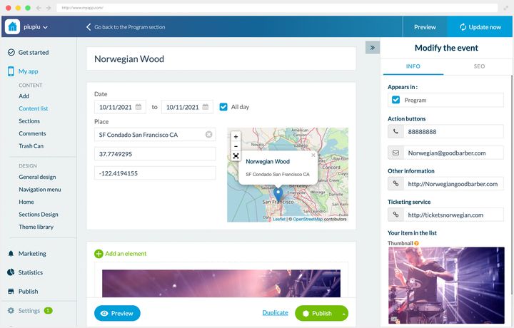 Editing an event in the back office: its title, its start and end dates, a box for the whole day, then the place with its coordinates and the map that locates it. On the right, the category, a phone and an email as action buttons, a web address, a ticketing link and the list thumbnail.