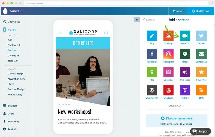 The same panel for adding a section, the arrow pointing this time at the video tile. On the left, the company app preview shows an article.