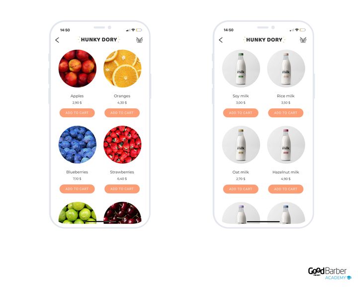 Two product lists from the same grocery: fruit on the left, plant milks on the right. Every thumbnail is round, framed the same way and on the same background, so the list stays even from one family to the next.