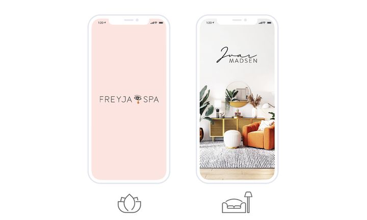 Two launch screens of service apps: a spa and an interior decorator. Under each phone, an icon recalls the trade.
