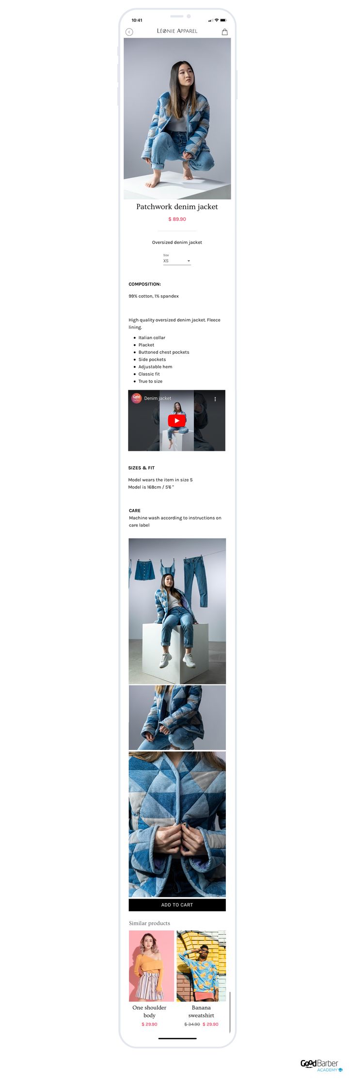 A jacket's product page, scrolled from top to bottom. After the photo, the name, the price and the short description comes the size picker, then the composition, then a bulleted list of features. A video shows the garment worn. Then the sizing and care advice, three more photos, the add-to-cart button, and a row of similar products.