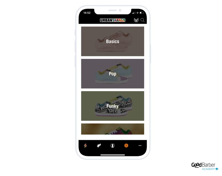 The same list as images: each collection takes the full width, its title set in the middle of the photo, and you scroll to see the next ones.