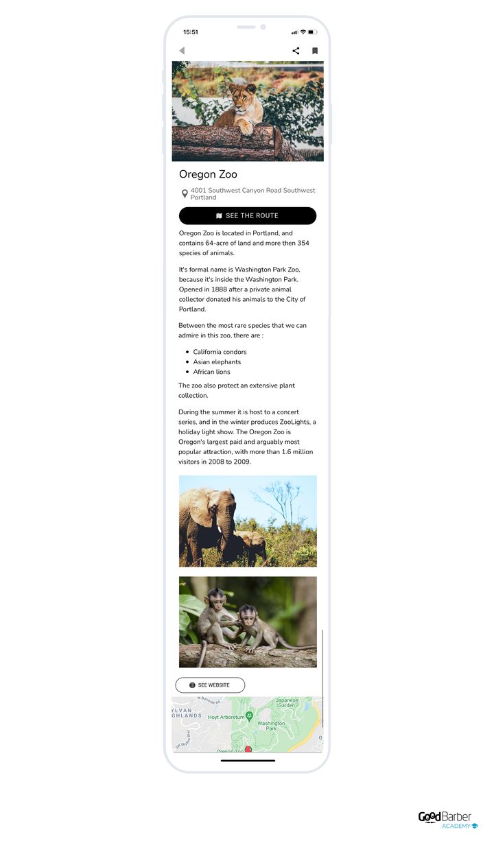 The detail of a tourist site: photo, name, address, directions button, then a description alternating paragraphs, a bulleted list and photos, a button to the website, and the map at the foot.