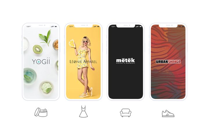 Four app launch screens for online sales, side by side: cosmetics, ready-to-wear, home decoration and sneakers, each with its brand and its own visual world. Under each phone, an icon recalls the trade.