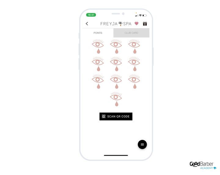 Freyja Spa's loyalty card as it appears in the app, with the points validated and the reward to reach.