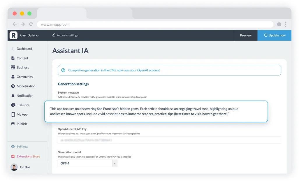 Screenshot showcases AI Assistant interface for content creation within GoodBarber App Builder Content Management System