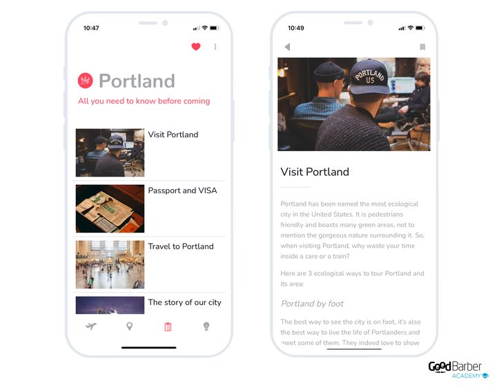 Two screens of a city guide: on the left, the list of articles, each with its square thumbnail and its title, under the section header and above the tab bar; on the right, the article open, its image, its title and its text.