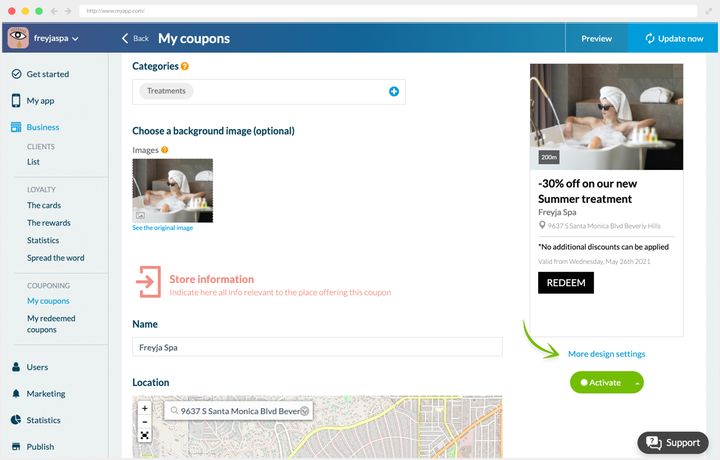 The rest of the coupon creation: categories, background image, name and address of the shop, with the coupon preview shown on the right.