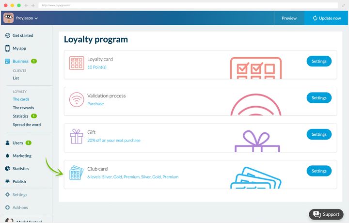The member card screen in the back office, with the three status levels and their thresholds.