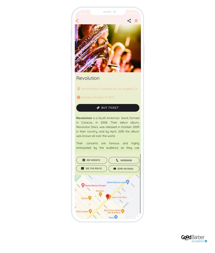 The detail of a concert in the festival app: the photo, the band's name, the place, the date, a ticketing button, the presentation, then four buttons, website, phone, directions and email, and the map at the foot.