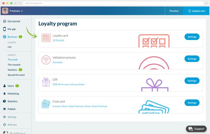 The loyalty program screen of the GoodBarber back office: loyalty card, validation process, reward and member card, each with its own settings button.
