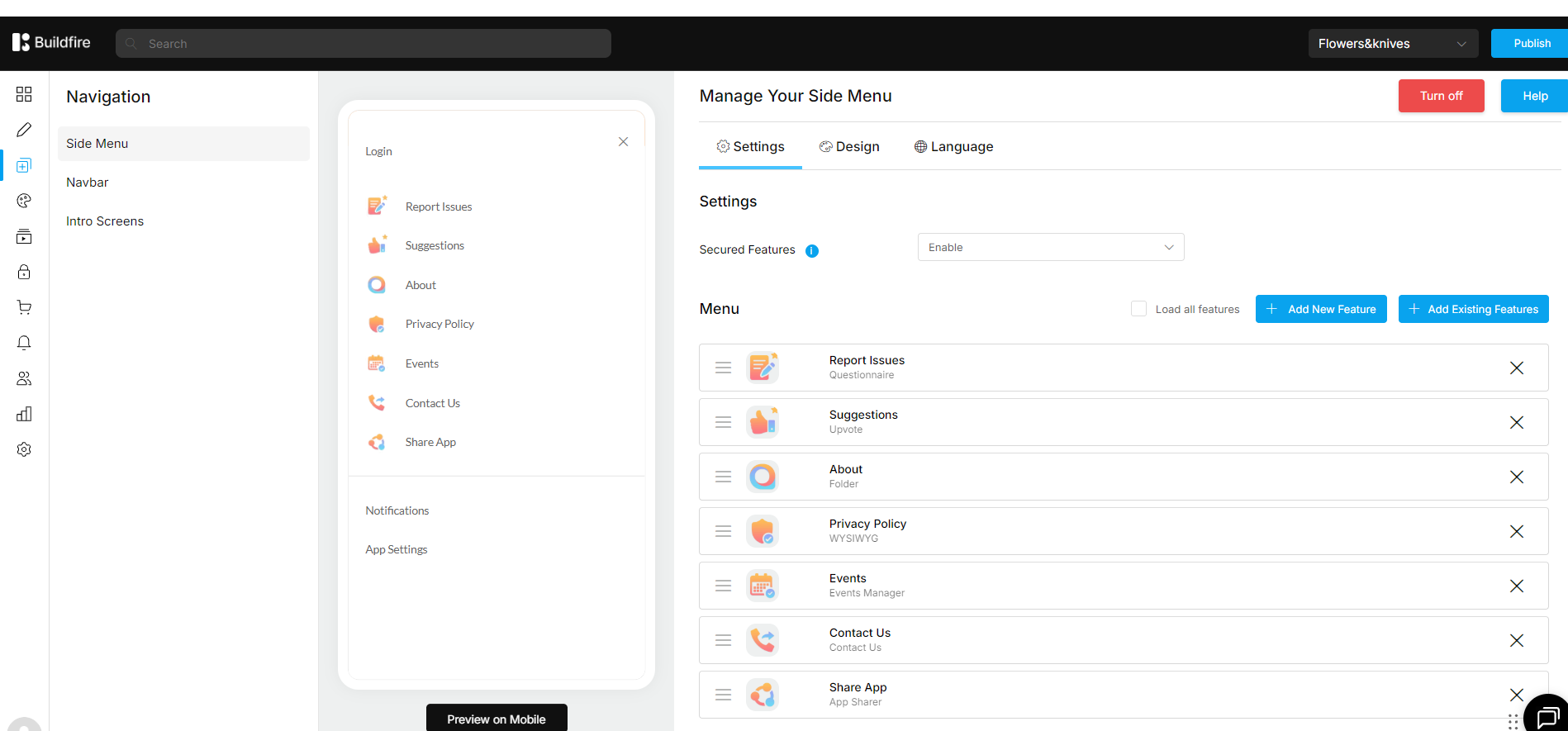 BuildFire app builder back-office, side-menu and feature management