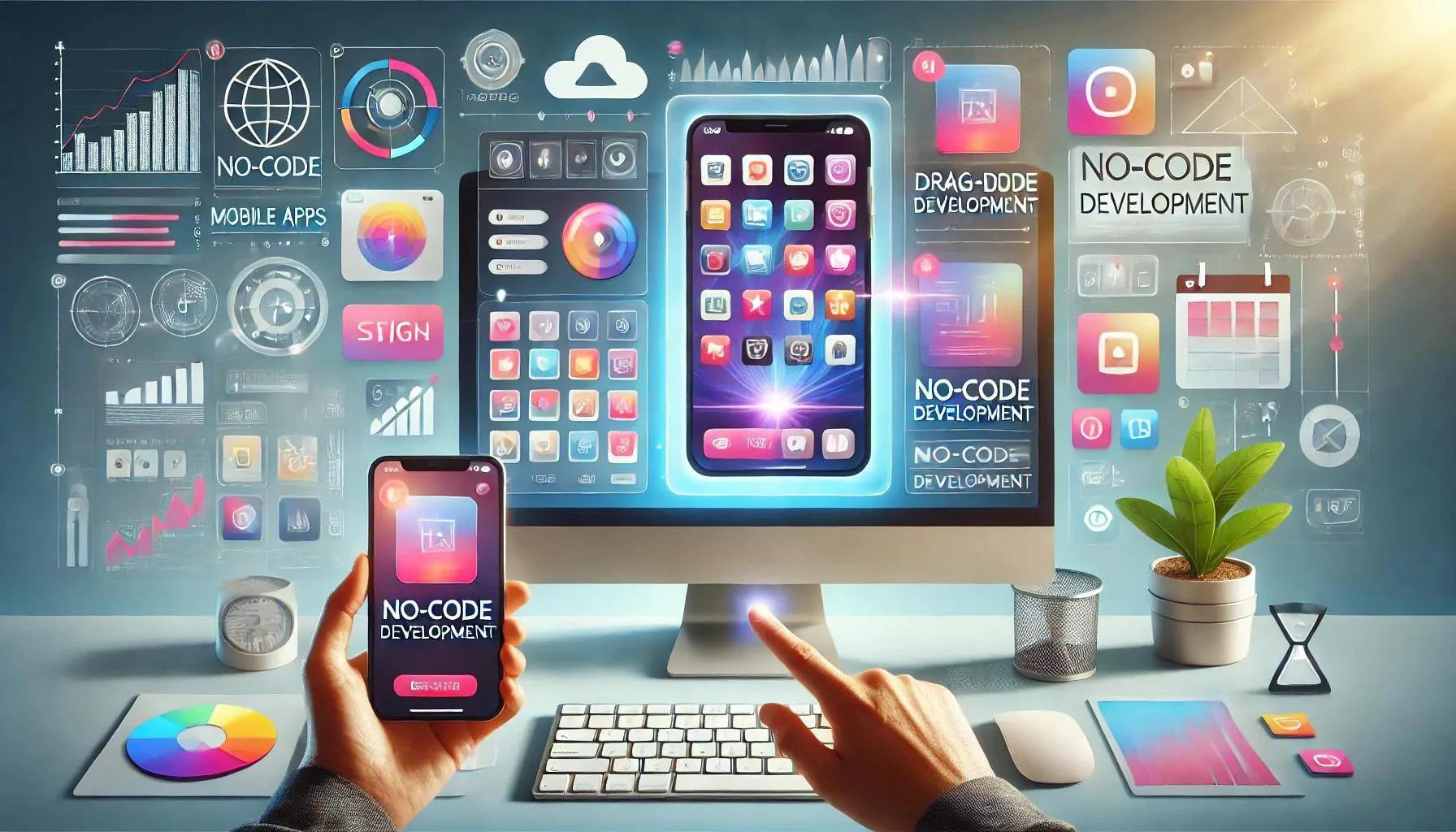 Best app builders picture showing mobile apps on the screen of mobile and desktop devices
