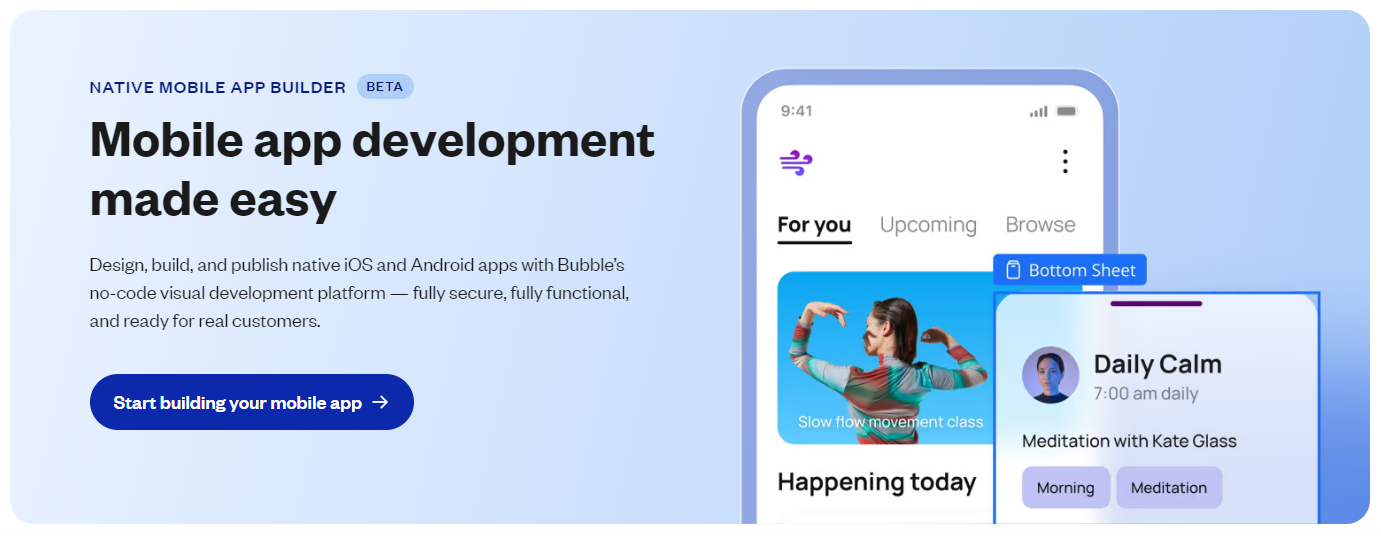 Bubble, Mobile app development made easy, no-code platform homepage