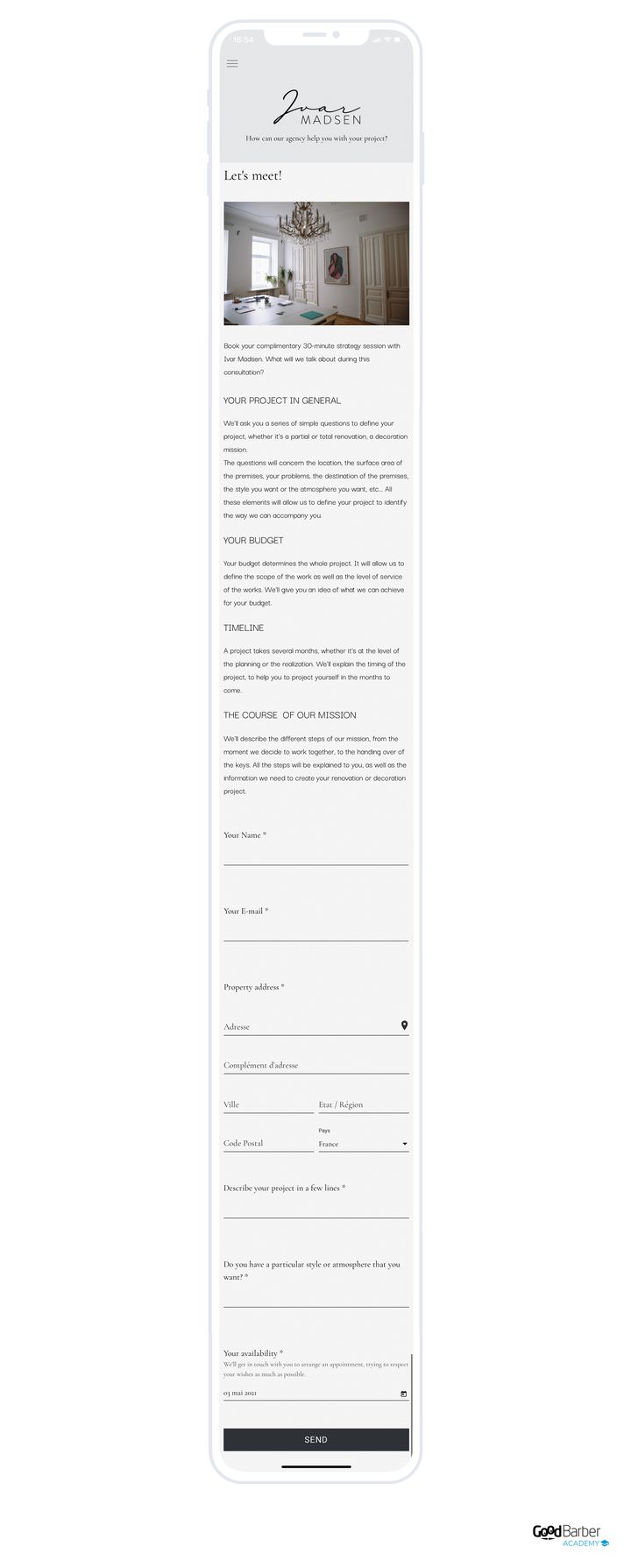 A contact form scrolled from top to bottom: the title, a photo, four blocks explaining what will be asked, then the fields to fill in, name, email, property address with its sub-fields, project description, preferred style and availability with a date picker. A send button closes the page.