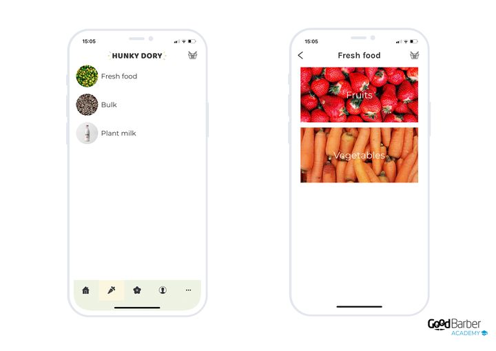 Two screens of the same grocery: on the left, a collection list in rows; on the right, the collection opened, its sub-collections shown as large images. Two layouts for two levels of navigation.