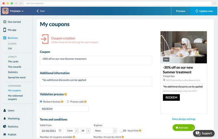 The coupon creation screen in the back office, with the title, the additional information and the validation process.