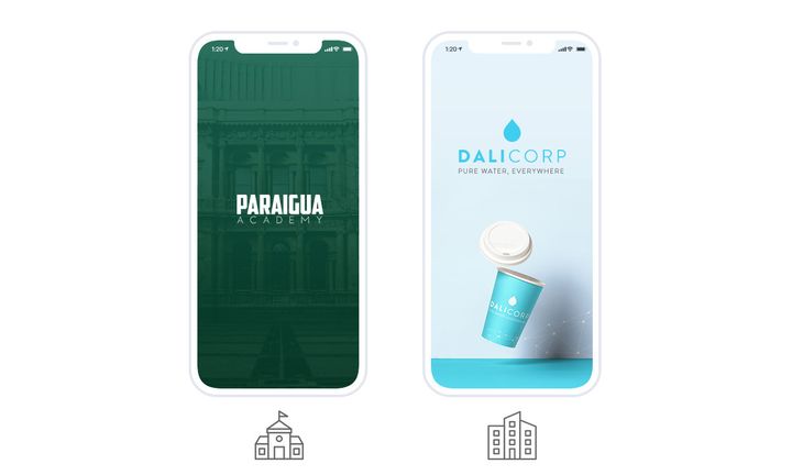 Two launch screens: a school and a company, one on the photo of its building, the other on its product. Under each phone, an icon recalls the field.