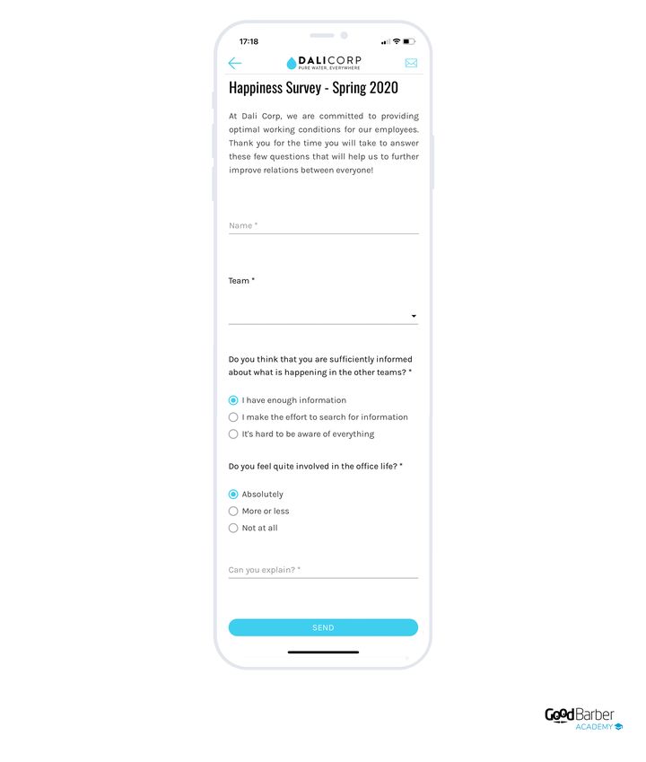 An internal survey in a company app: after the introduction, a name field, a team dropdown, two single-choice questions and a free field, then the send button.