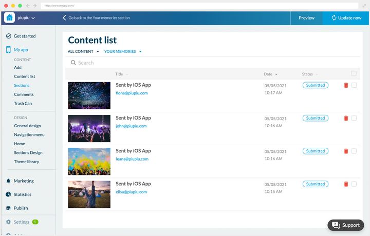 Submitted content in the back office: each row carries the picture sent in, a note of the app it came from, the author's email address, the date and a status chip marking it as submitted, waiting for approval. A bin closes each row.