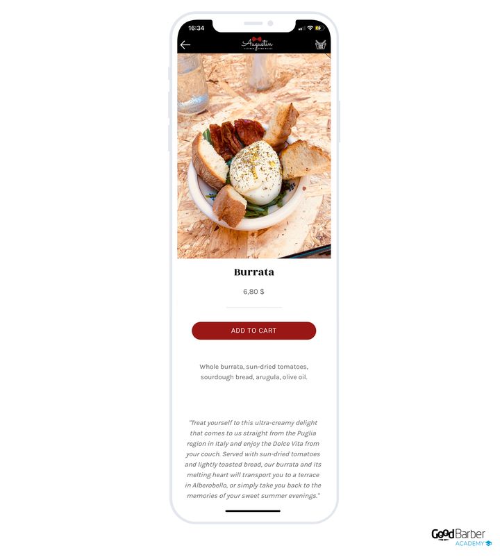 A caterer's product page: the photo of the dish, its name, its price, the buy button, then the list of ingredients and, in italics, a paragraph telling where the product comes from.
