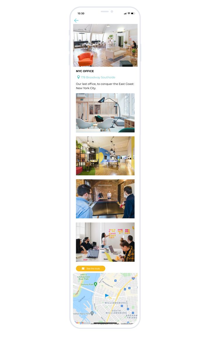 The detail of an office in a company app: the opening photo, the name, the address, an introductory line, then four photos of the premises, the directions button and the map.